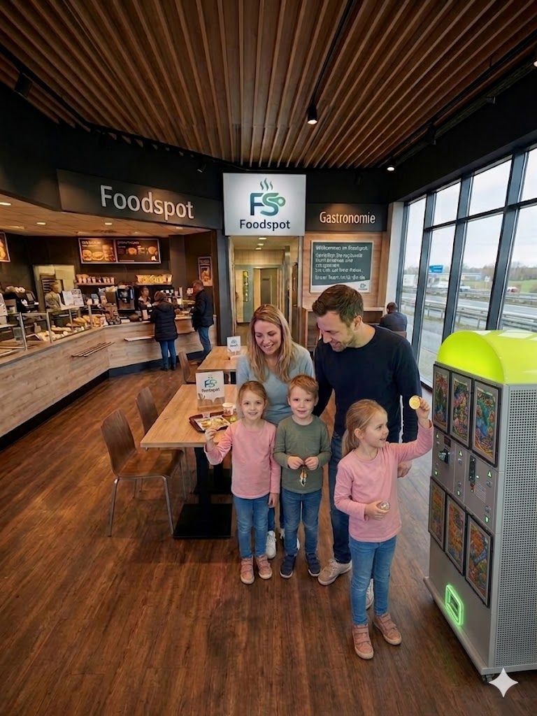 Glückliche Familie vor dem Automaten